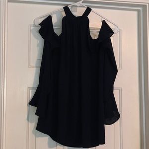 Cold shoulder navy blue high neck blouse